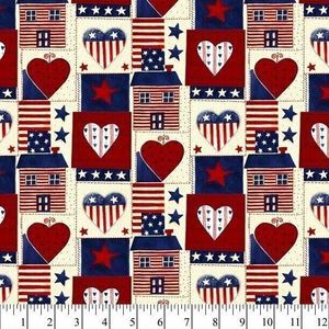 Patriotic Americana Patchwork Heart House Sewing Fabric Cut Cotton 36 x 44 in